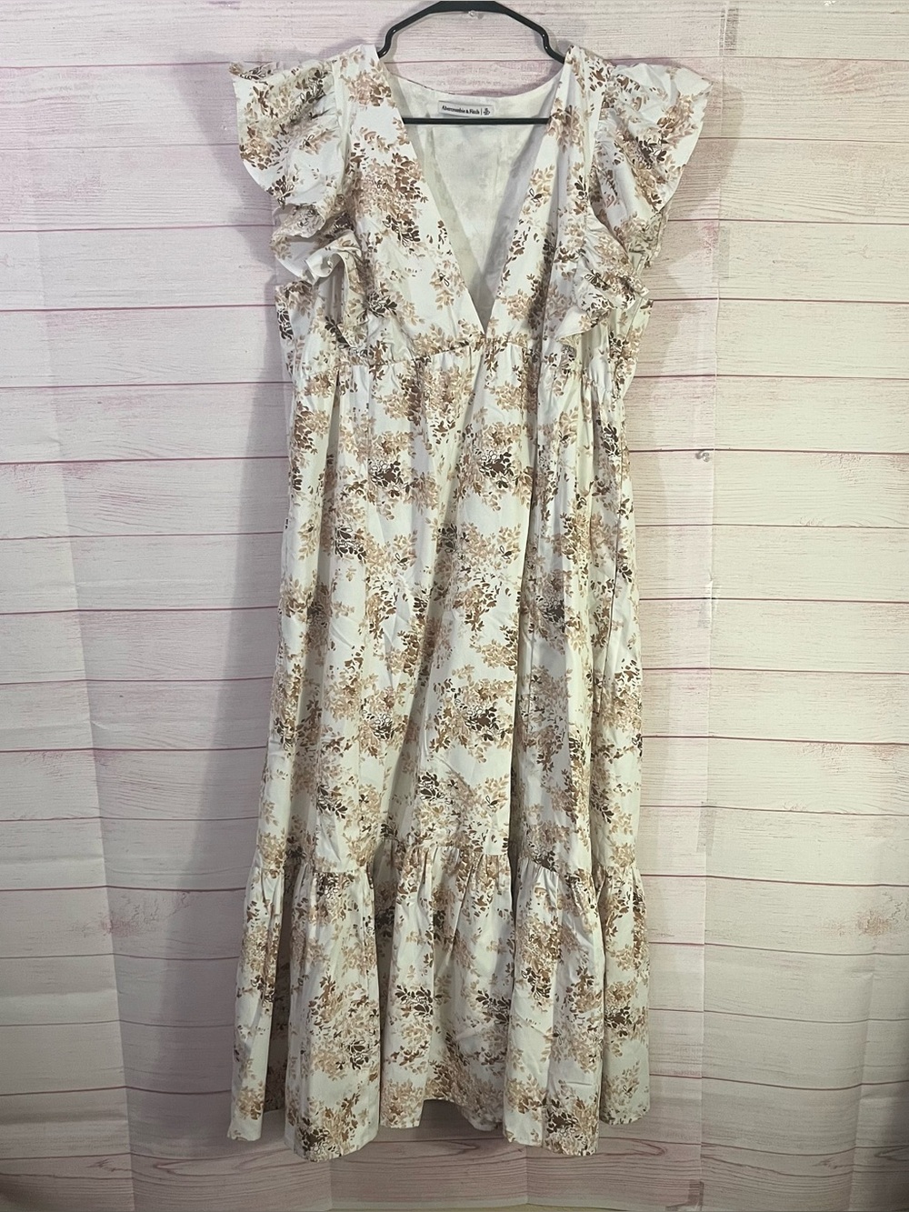 Abercrombie & Fitch White Brown Cream Floral Boho Tiered Midi Dress Size XL